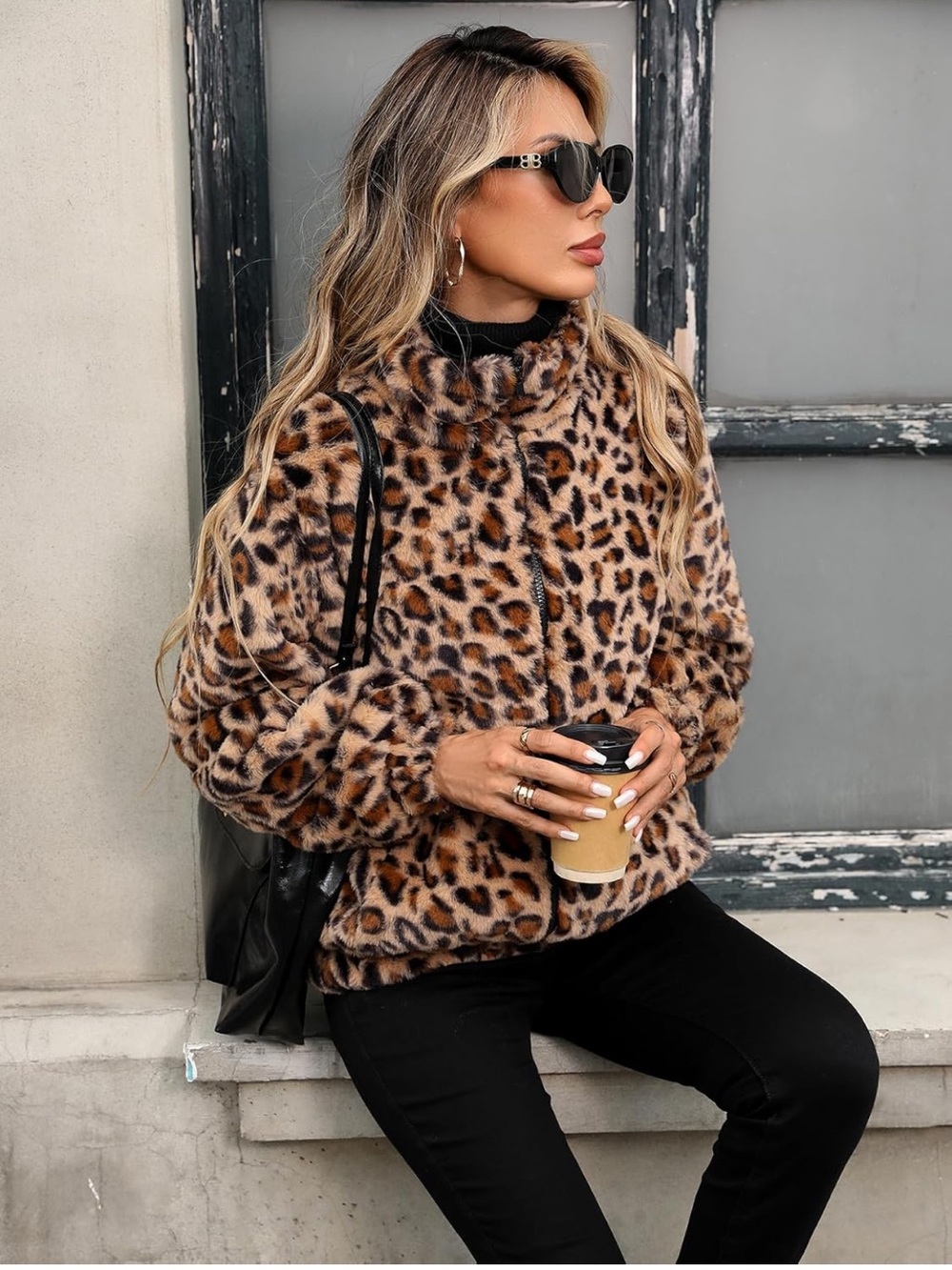 Faux Fur Leopard Print Jacket plush teddy - Brown